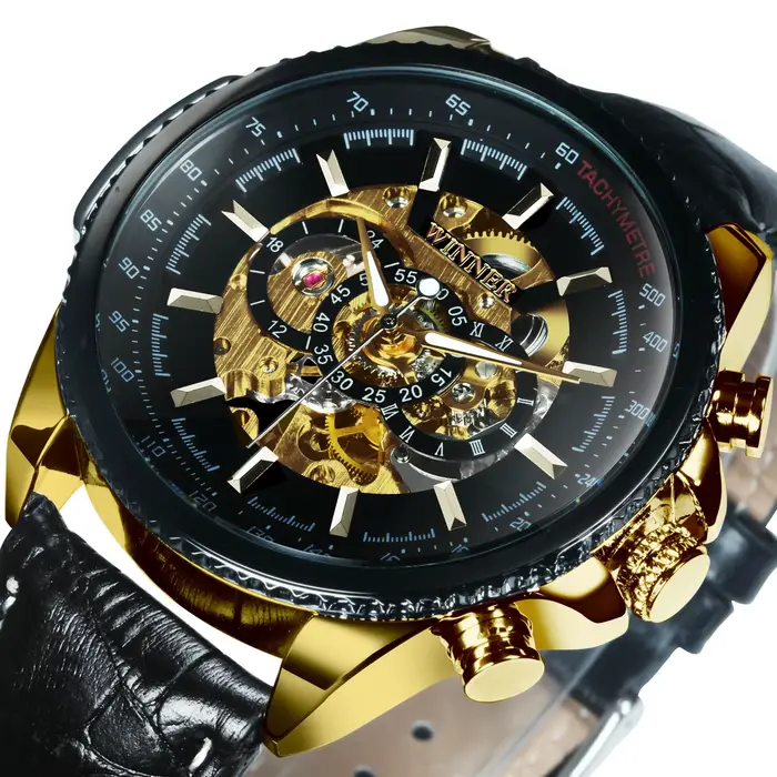 Montre militaire pour hommes, squelette, automatique, mécanique, marque de luxe, argent, or, cuir, 2