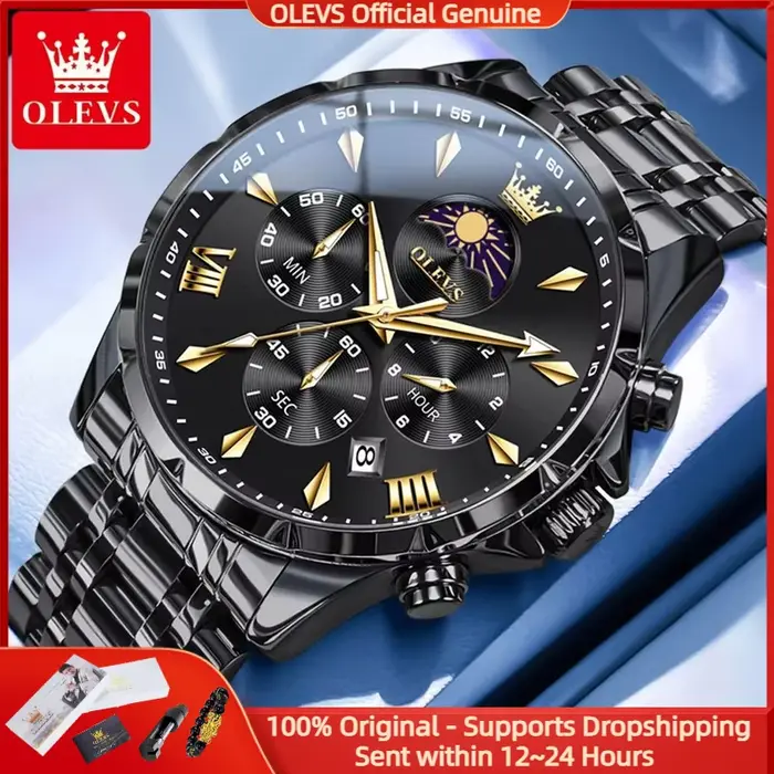 Montre homme OLEVS à Quartz avec affichage lunaire, résistance à l'eau et design élégant pour toutes occasions