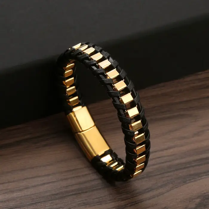 Bracelets classiques en cuir et acier inoxydable tissés à la main pour hommes