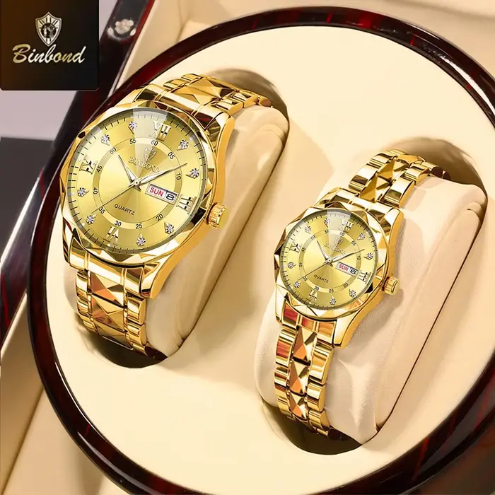 BINBOND 2 pièces/ensemble Couple montres 30M étanche mode diamant saint valentin cadeau en acier ino