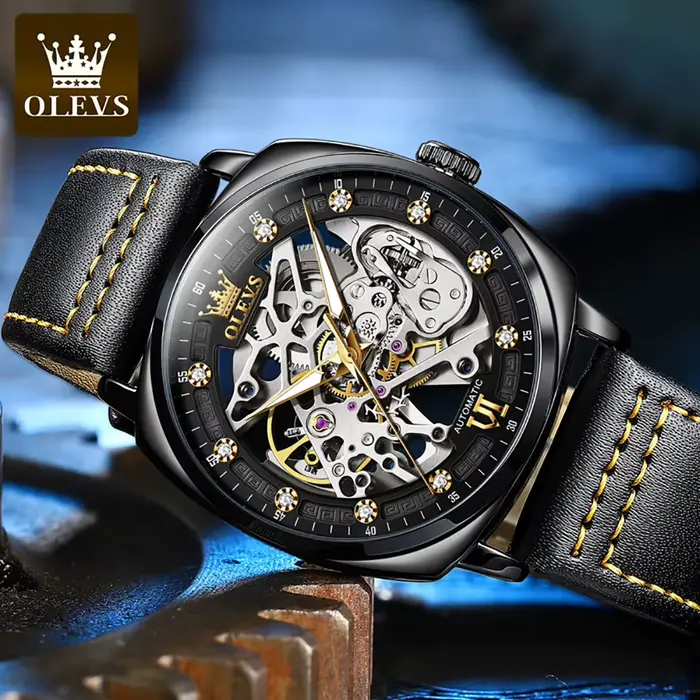 OLEVS 6651 montre automatique pour hommes bracelet en cuir entièrement creux montre-bracelet homme