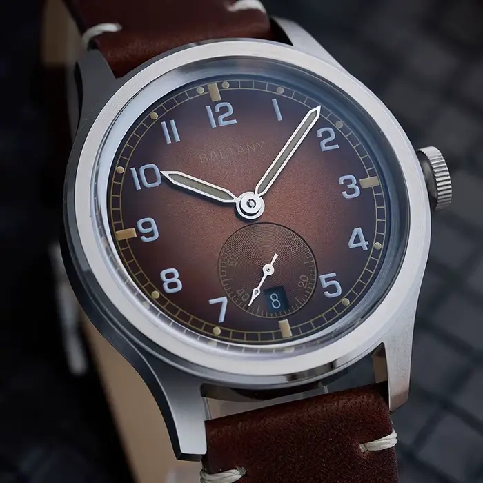 Baltany rétro WW2 montre-bracelet militaire S2081 cadran marron progressif 100ATM ST1731 mouvement 39MM sale douzaine hommage champ montre hommes
