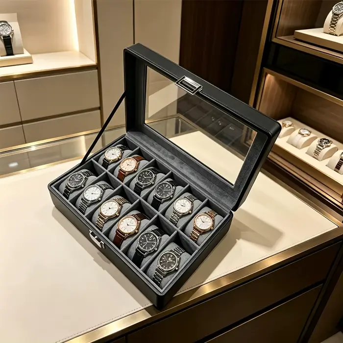 Boîte à montres en cuir pour homme à 12 emplacements avec serrure