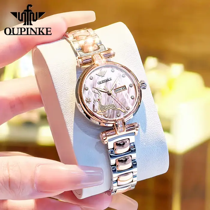 OUPINKE 3180 montre-bracelet mécanique pour femme élégant luxe bracelet en acier or Rose double calendrier montres entièrement automatiques pour dames