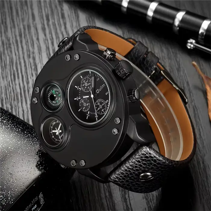 Oulm nouvelle mode Sport décontracté hommes montres en cuir noir double fuseau horaire montre-bracelet mâle Quartz grande taille luxe montre militaire