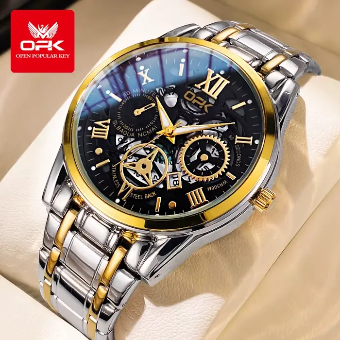 Montre OPK pour Hommes Bracelet Acier Lueur Nocturne Résistante à l'Eau Occasions Spéciales Casual Elegant