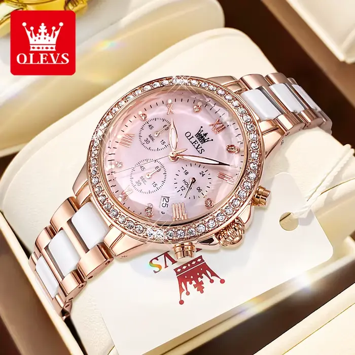 OLEVS 9999 femmes montre marque originale élégante étanche chronographe de luxe en céramique robe rose