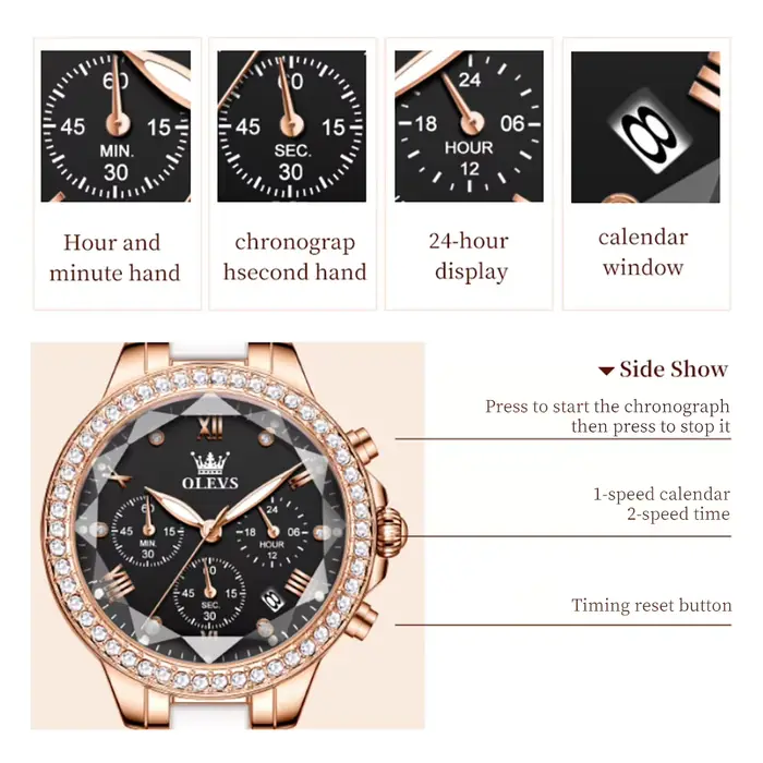 Montre OLEVS Quartz Élégante avec Fonction Chronographe et Calendrier Complet Bracelet Acier Inoxydable pour Femmes Occasions Spéciales