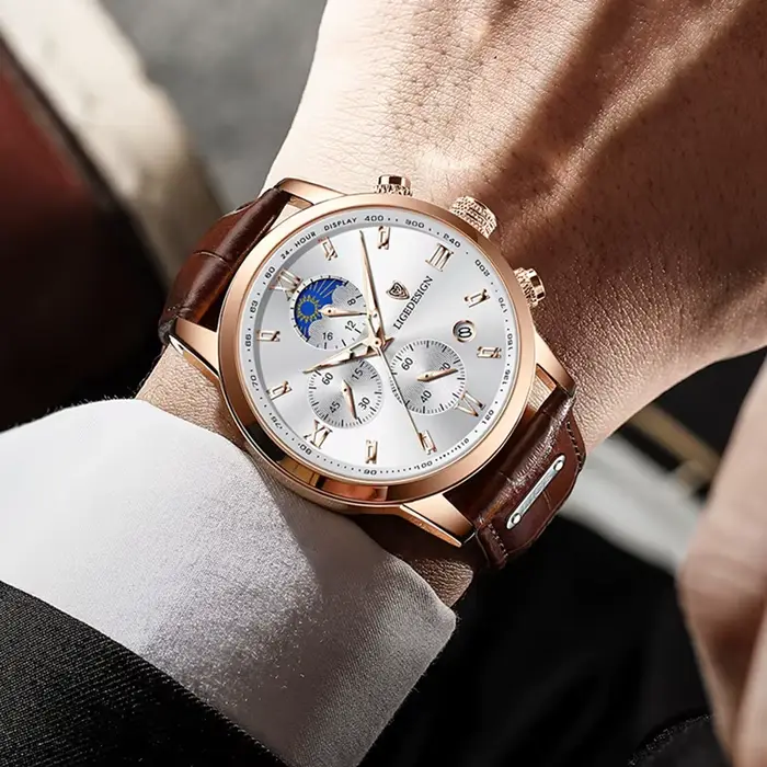 Montre-bracelet à quartz LIGE décontractée avec phases de lune