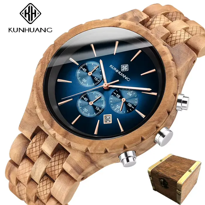 KUNHUANG montre en bois faite à la main cadran multifonction