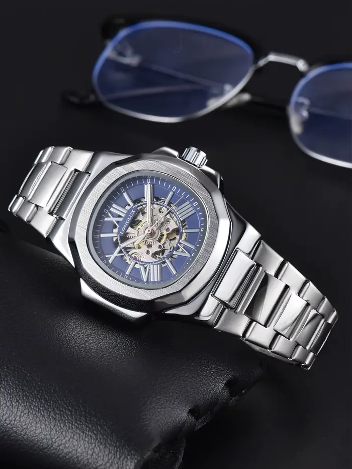 Montre homme automatique mécanique cadran romain squelette lumineuse acier inoxydable pour affaires et occasions spéciales