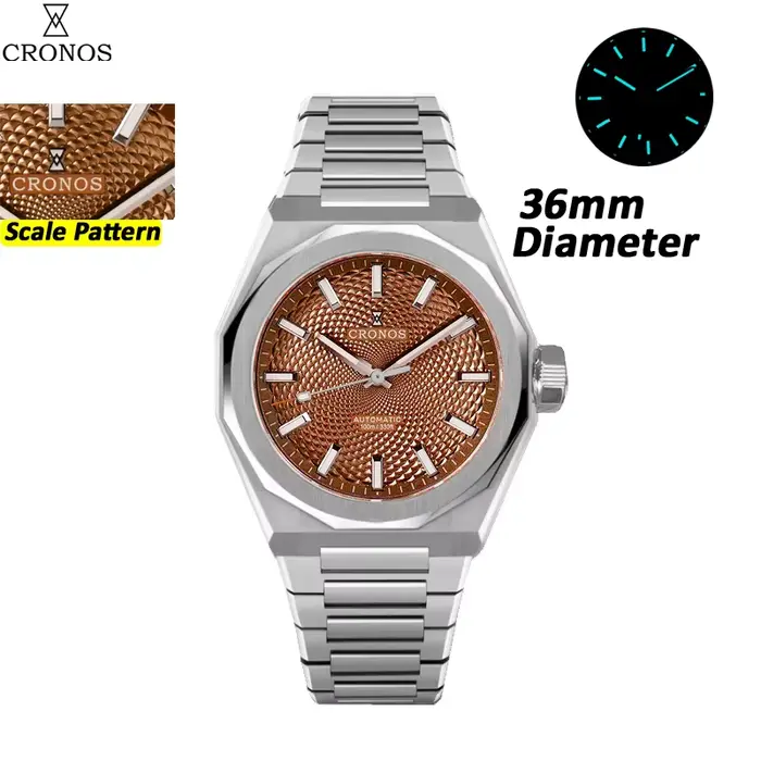 Montre de luxe pour homme Cronos 36 mm automatique PT5000, cadran marron à motif losanges, saphir, 1