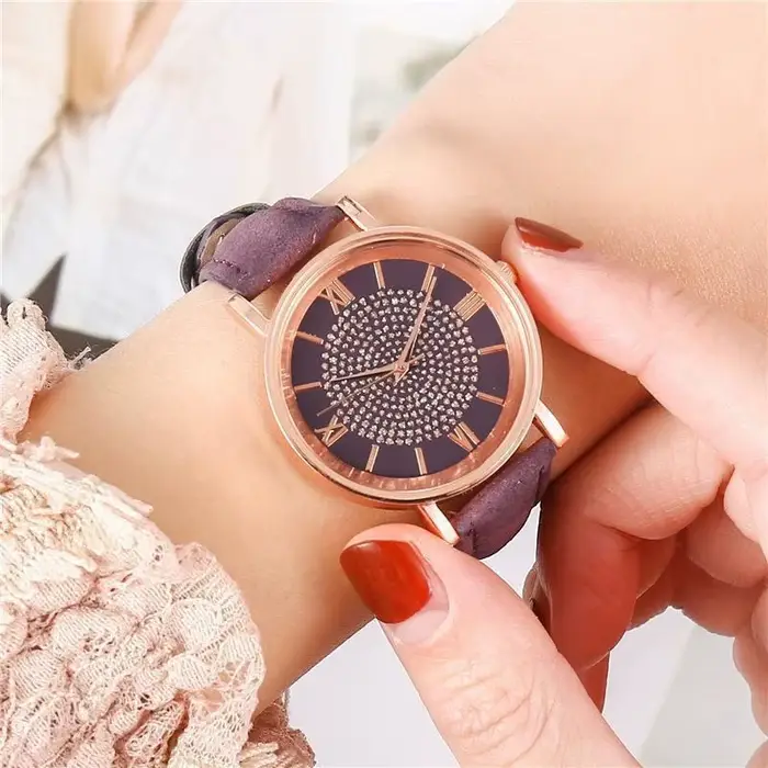 Femmes montre dames strass cadran montre-bracelet bracelet en cuir montres à Quartz cadeaux