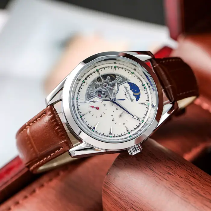 Montre automatique à cinq aiguilles avec squelette lumineux et phase de lune pour homme, acier inoxydable, bracelet en cuir, résistance à l'eau, design mode et casual