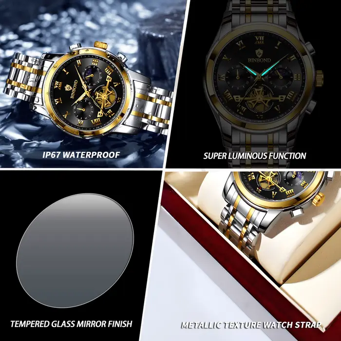 Montre-bracelet à quartz étanche pour homme avec cadran à échelle romaine classique et chronographe multifonctionnels pour occasions spéciales et activités sportives