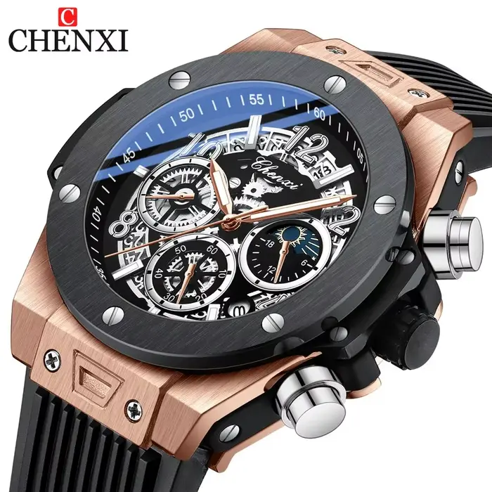 CHENXI mode Silicone chronographe montre hommes multifonctionnel Cool lumineux Quartz étoilé Phases lunaires synchronisation Sport montres