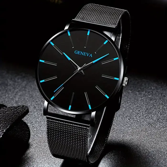 Montre à Quartz à pointeur rond décontracté, grand cadran géométrique, bracelet en maille analogique