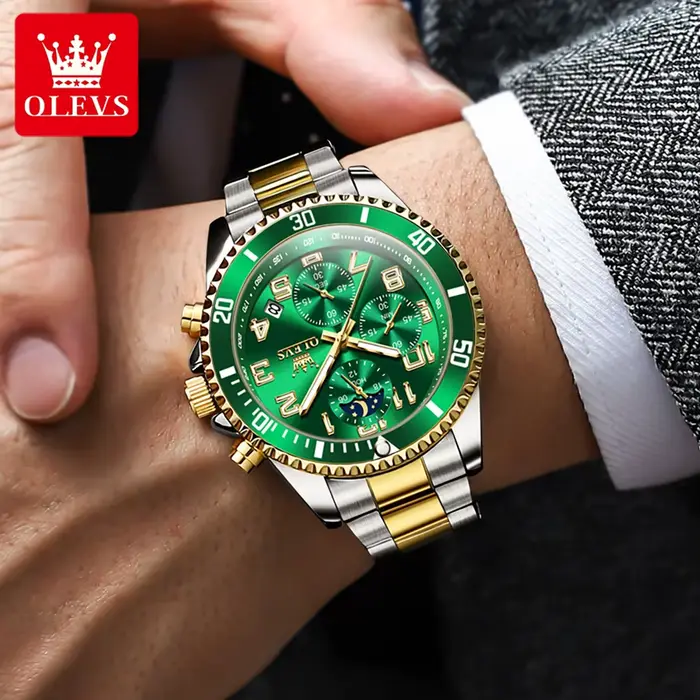 Montre homme multifonctionnelle chronographe quartz étanche phase de lune pour courses et activités aquatiques