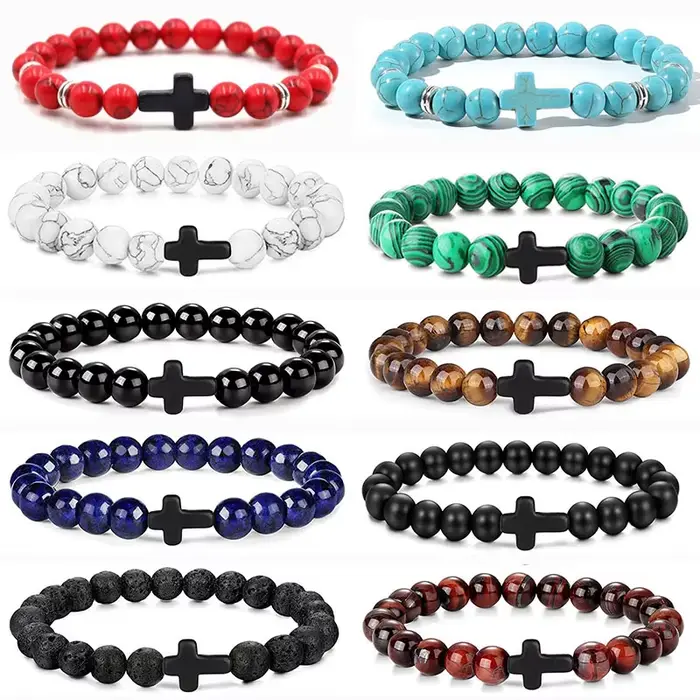 Bracelet holographique en pierre naturelle avec croix pour méditation et relaxation homme femme occasion spéciale
