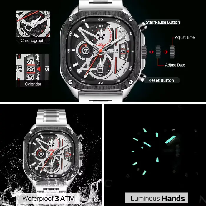 MEGIR – montre à Quartz chronographe Orange pour hommes