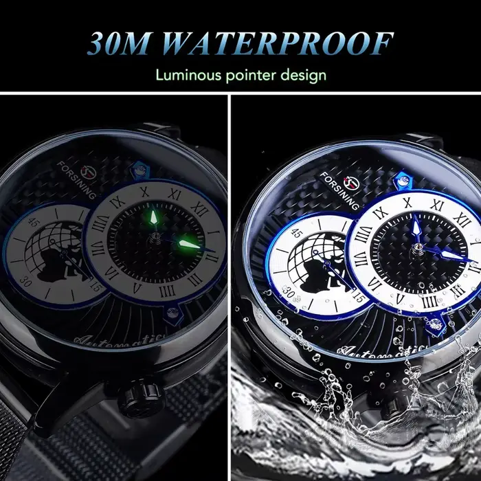 Forsining Top marque 2 yeux hommes squelette automatique montre mécanique mode Style décontracté avec maille en acier unique deuxième entraînement