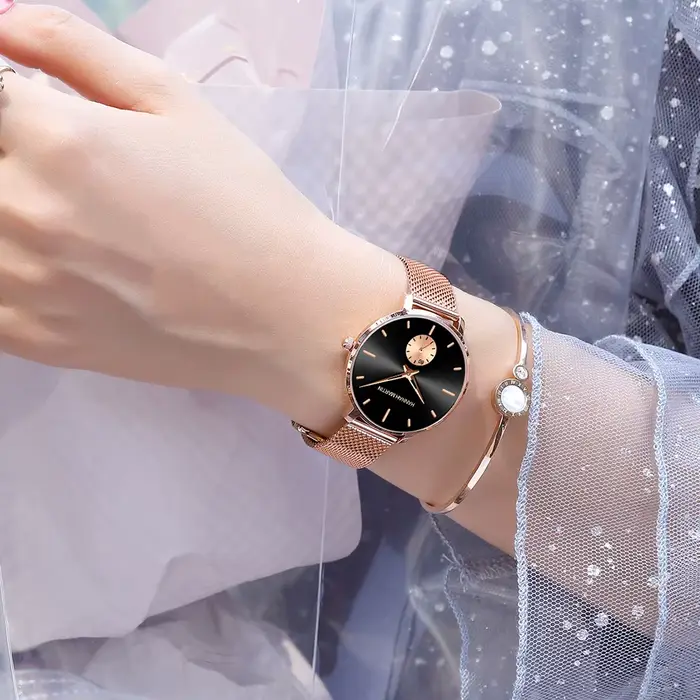 HANNAH MARTIN Top marque femmes montre 1335 synchronisation sous-cadran en acier inoxydable maille mouvement à Quartz