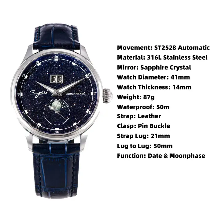 Sugess montre pour hommes édition limitée phase de lune boîtier en acier inoxydable 316L Tianjin ST2528 mouvement de luxe pierres précieuses étoiles cadran cadeau V3
