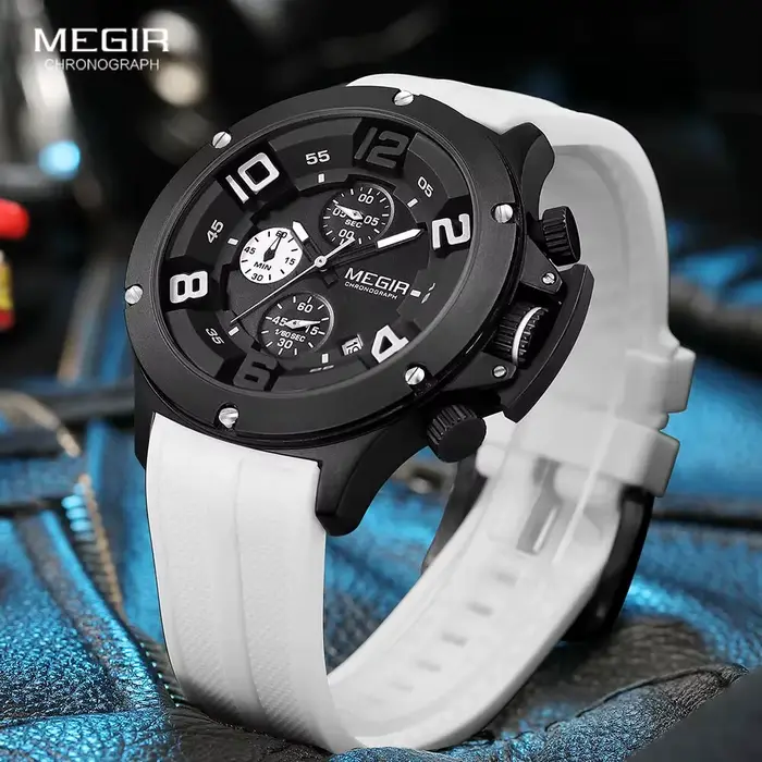 MEGIR grand cadran Sport montre à Quartz pour hommes mode étanche chronographe montre-bracelet avec Date bracelet en Silicone aiguilles lumineuses 8115