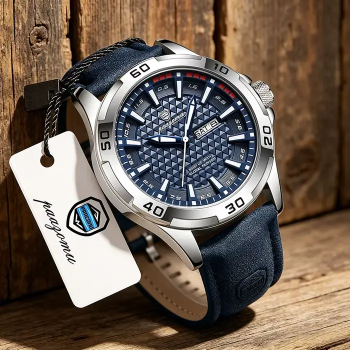 Montre PAAZOMU en alliage avec bracelet en cuir pour homme, résistante à l'eau, design luxueux et militariste, mouvement à quartz, calendrier complet, mains luminescentes