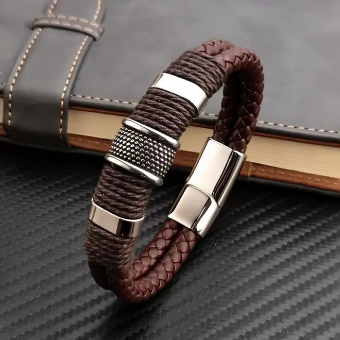 Luxe Vintage multicouche marron cuir acier inoxydable hommes Bracelet perle Bracelet bijoux mâle poi