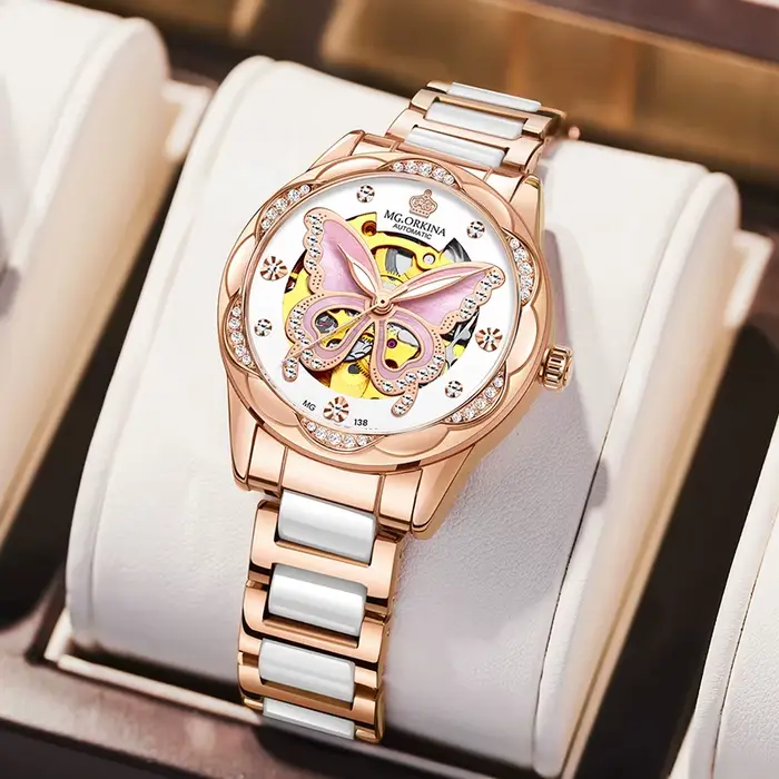 Montre-bracelet mécanique automatique creuse pour femme
