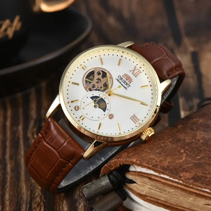 Montre automatique mécanique unisexe DFDG Série Orient Sports fonction heure mondiale soleil lune étoiles robuste style mode casual occasions sportives formelles