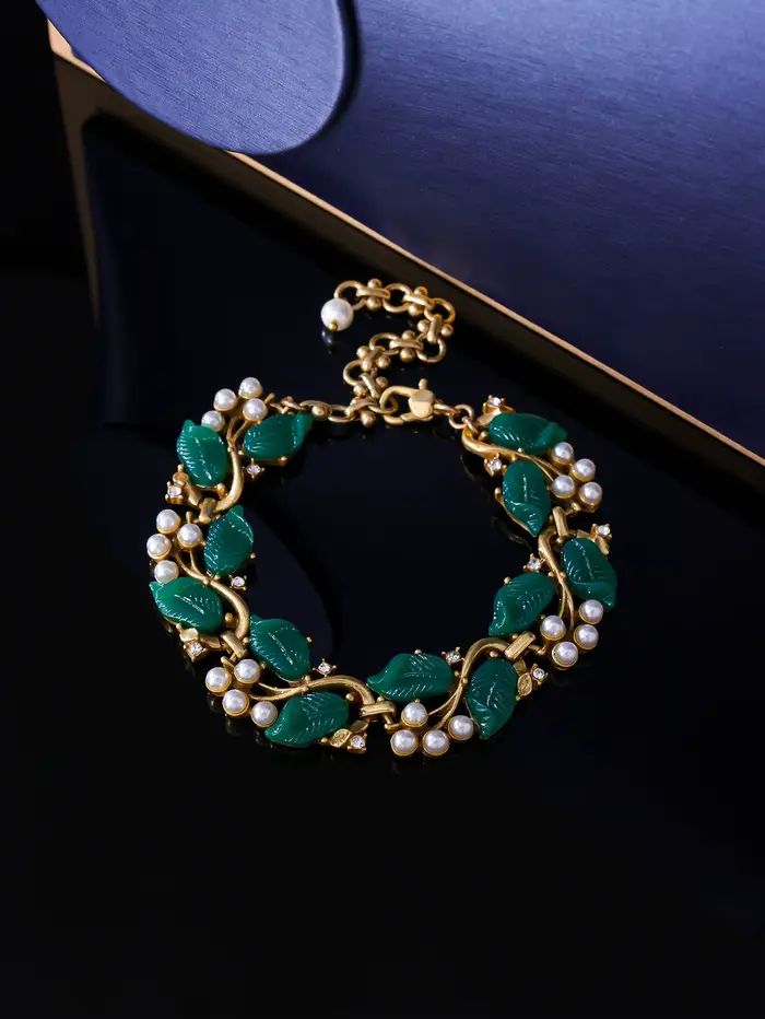 Élégant français Vintage perle conception feuille forme Bracelet boucles d'oreilles collier ensemble