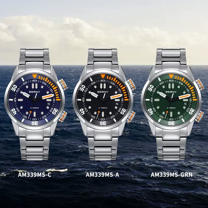 Montre de plongée BERNY avec mouvement automatique Miyota 8215 résistante à l'eau 200m pour hommes aventuriers et amoureux de la mer occasions spéciales et plongée sportive