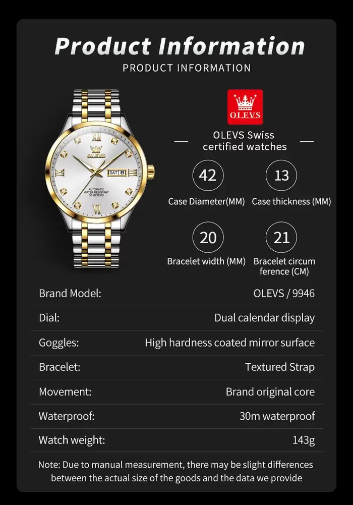Montre OLEVS 9946 Luxe Homme Double Calendrier Diamant Échelle Automatique Occasions Spéciales