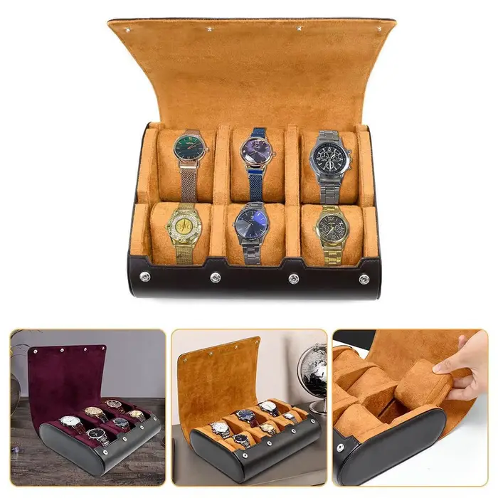 Boîte de présentation en cuir pour collection de montres mécaniques avec coussinets amovibles pour rangement anti-poussière 6 places à offrir pour homme ou femme occasions spéciales