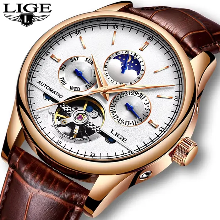 2025 LIGE hommes montres automatique mécanique montre Tourbillon Sport horloge en cuir décontracté affaires rétro montre-bracelet Relojes Hombre