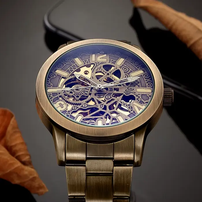 Montre SHENHUA en acier inoxydable avec cadran bronze rétro pour hommes style vintage et casual occassions spéciales
