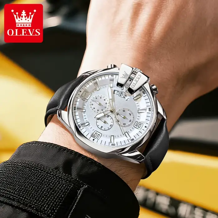 Montre OLEVS 2978 pour homme mouvement quartz cadran chronographe lumineux bracelet cuir fenêtre de calendrier résistance à l'eau 30m occassions spéciales style décontracté et élégant