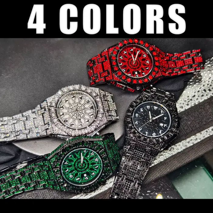 Montre homme diamant rouge PINTIME luxe quartz avec fermoir caché à bouton-poussoir pour homme occasions spéciales