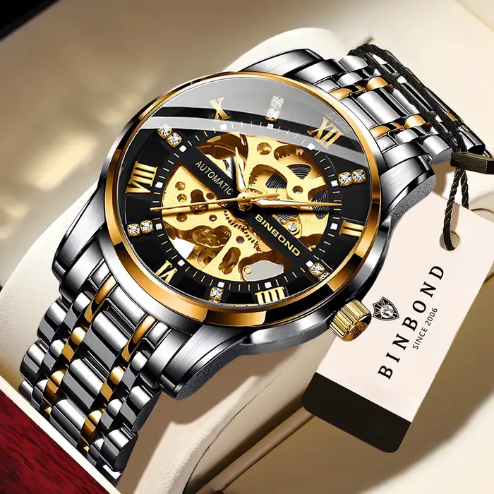 Montre mécanique squelette BINBOND pour hommes luxe lumineuse résistante à l'eau occassions spéciales et quotidiennes
