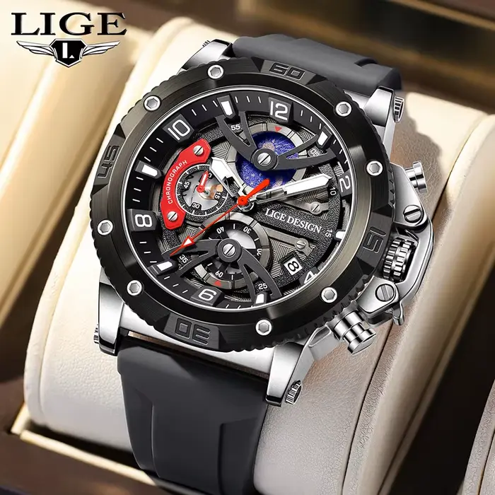 LIGE 2025 nouvelles montres pour hommes mode sport date chronographe montre à quartz bracelet en silicone étanche