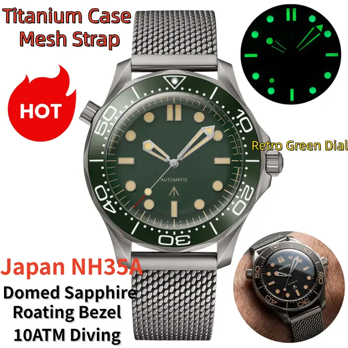 Montre mécanique rétro verte personnalisable pour homme