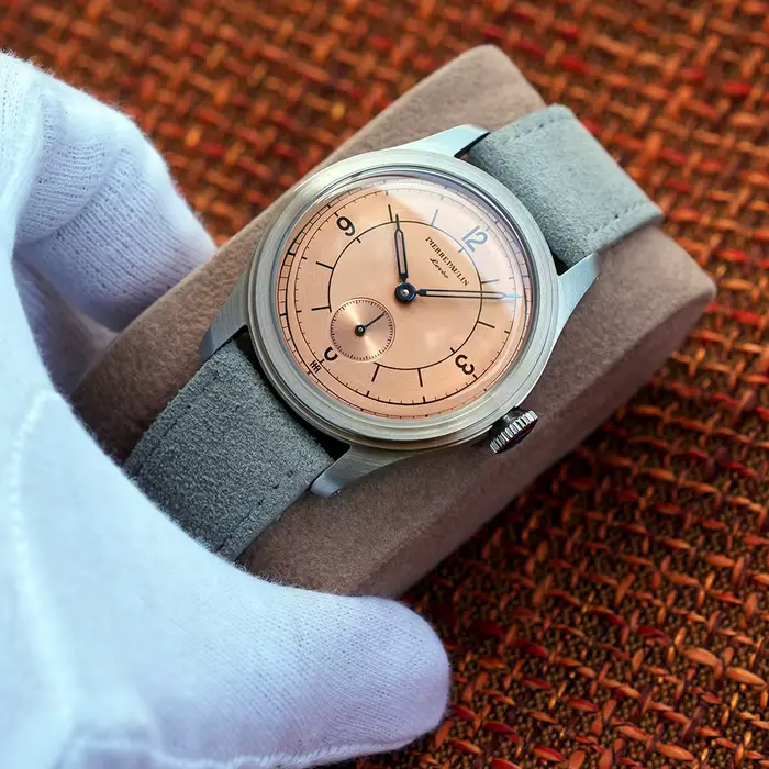 Pierre Paulin saumon cadran montre 50m peau plongeur montre Vintage petites secondes mécanique montre à main 38mm Reloj Hombre métal