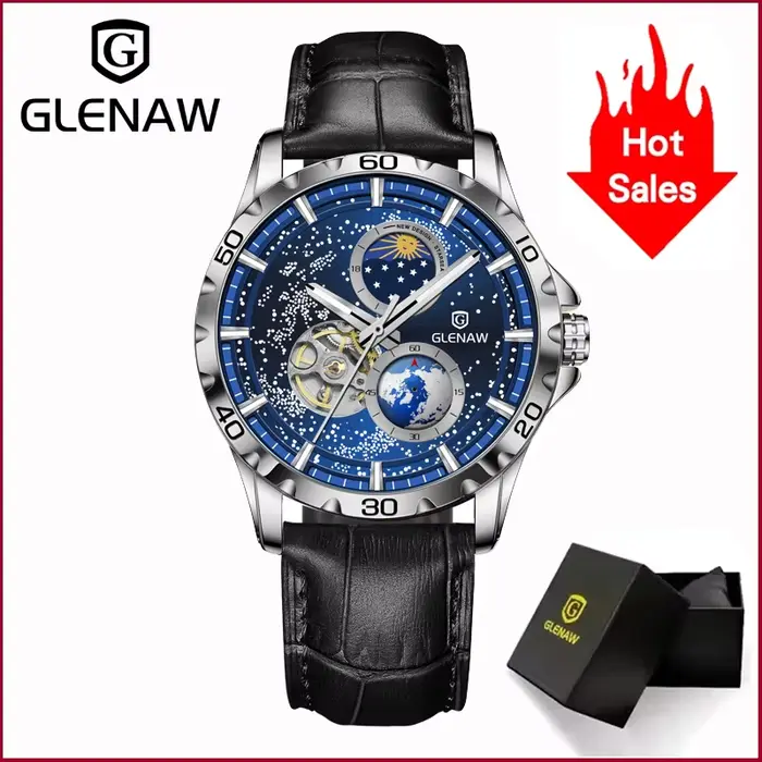 GLENAW rotatif terre Double seconde main mécanique montre-bracelet hommes ciel étoilé bracelet en ac