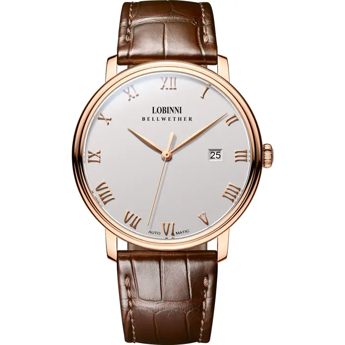 Montre-bracelet LOBINNI12033 automatique en acier inoxydable avec bracelet en cuir pour homme résistante à l'eau et avec calendrier complet pour différentes occasions