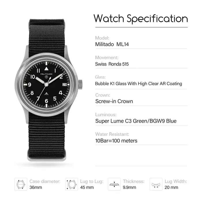 Militado ML14 36mm montre VH31 balayage deuxième mouvement à Quartz montre saphir cristal Super lumi