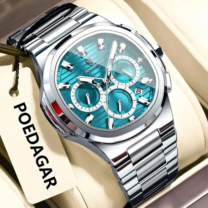 POEDAGAR homme d'affaires montre-bracelet Date chronographe étanche lumineux luxe hommes montre en acier inoxydable