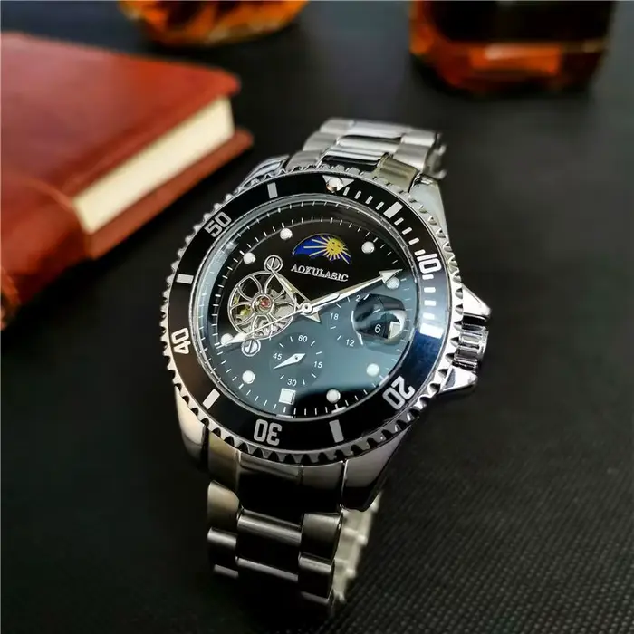 Tourbillon Phase de lune squelette montres mécaniques lunette rotative cadran lumineux luxe automatique montre pour hommes bracelet en acier inoxydable