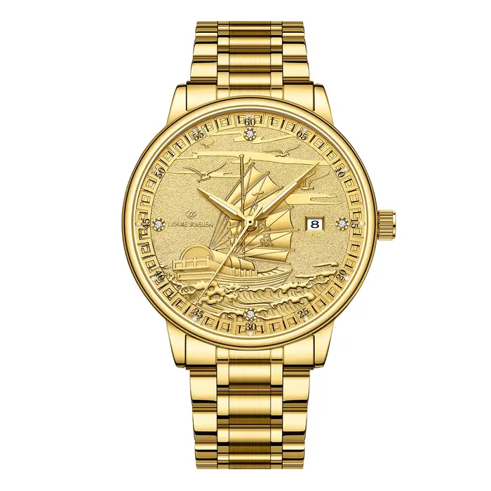 Montre Homme Luxe Affaires Or Design Voilier Date Lumineuse Étanche Bracelet Acier Quartz Montres Ho